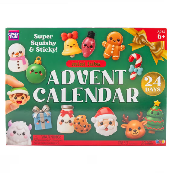 Crazy Fun Mini Taba Advent Calendar toy set in its green retail box, featuring cute holiday-themed squishy and sticky characters like Santa, a gingerbread man, a Christmas tree, and ornaments.
