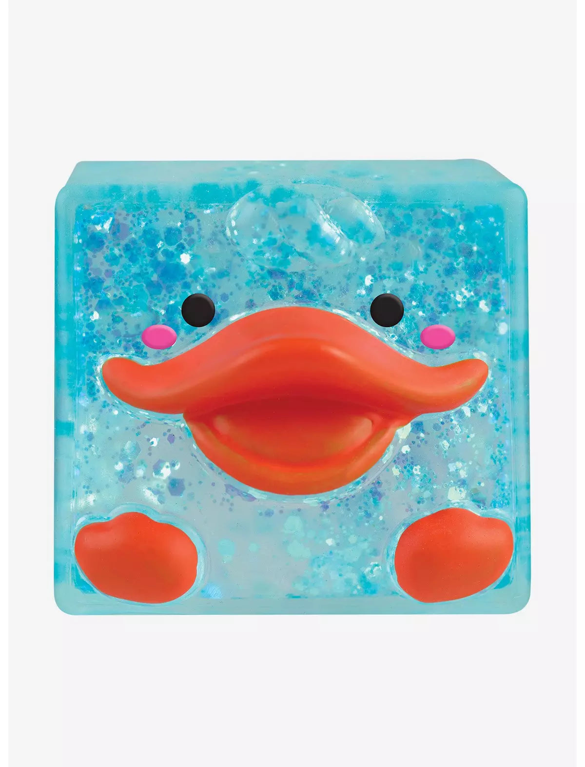 “Close-up of a sparkly ORB Sugar Swaps Duck Cube soft squishy fidget toy.”