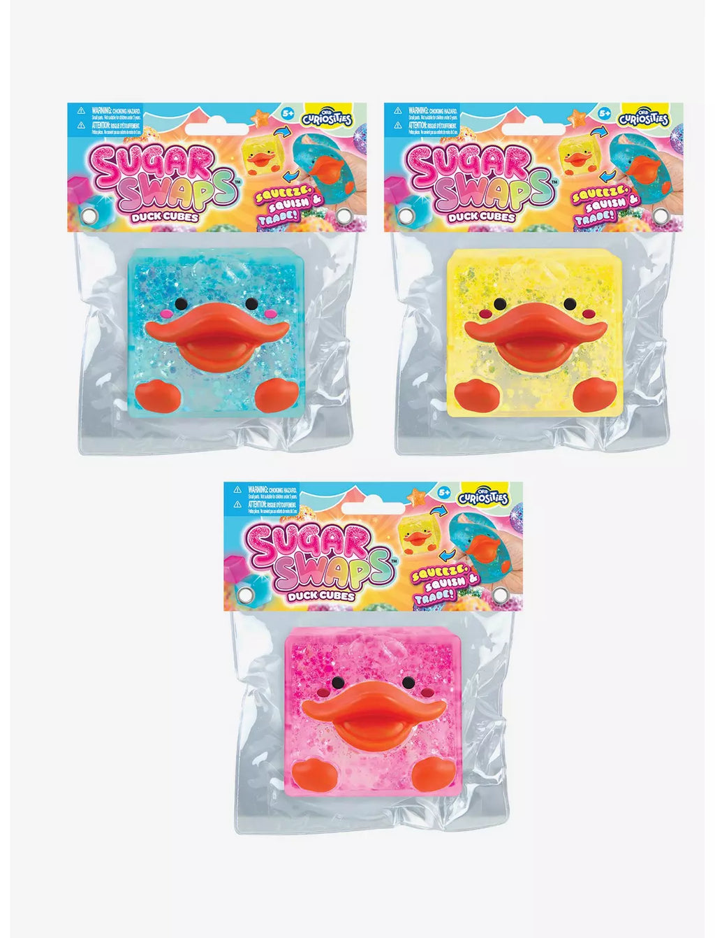 “Assorted colors of ORB Sparklee Sugar Swaps Duck Cube collectible squishies.”