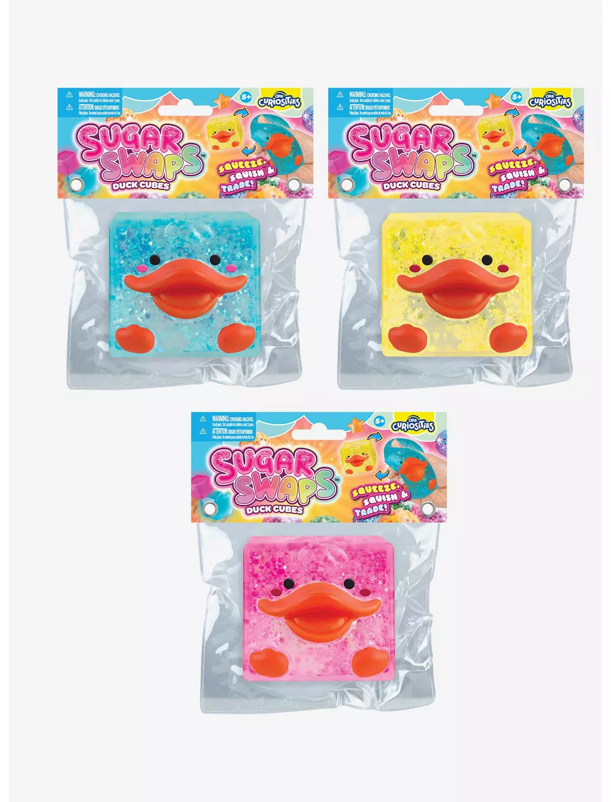 “Assorted colors of ORB Sparklee Sugar Swaps Duck Cube collectible squishies.”