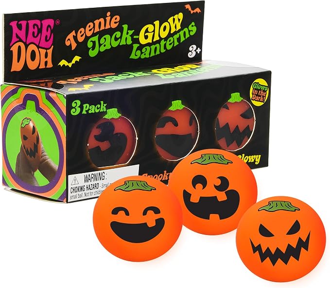 Schylling NeeDoh Needohween Teenie Jack Glow Lantern - Glow in The Dark Pumpkin Faces 3 Pack