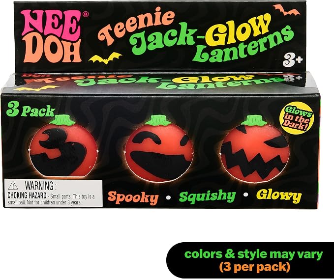 Schylling NeeDoh Needohween Teenie Jack Glow Lantern - Glow in The Dark Pumpkin Faces 3 Pack