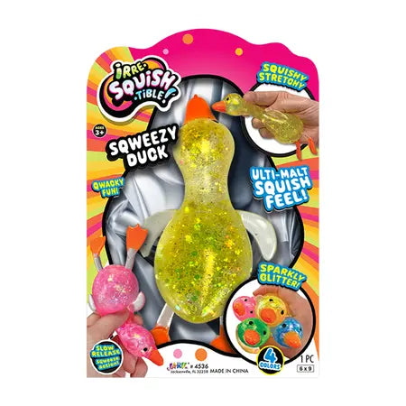 Jogo Squishy Tibles 'Sweezy Duck' packaging, featuring a glittery yellow-green squeezable duck toy with orange beak and feet, displayed on its colorful retail card with hands demonstrating the squeeze.