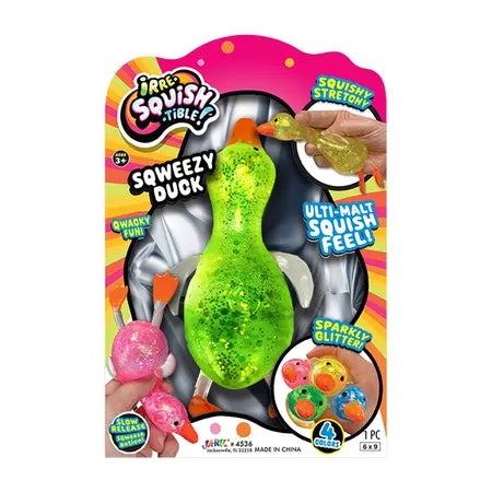 “Irre-Squish-Tible Sqweezy Duck glitter-filled squishy sensory fidget toy in assorted color.”