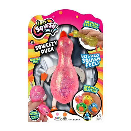 “Irre-Squish-Tible Sqweezy Duck sensory toy displayed in original retail packaging.”