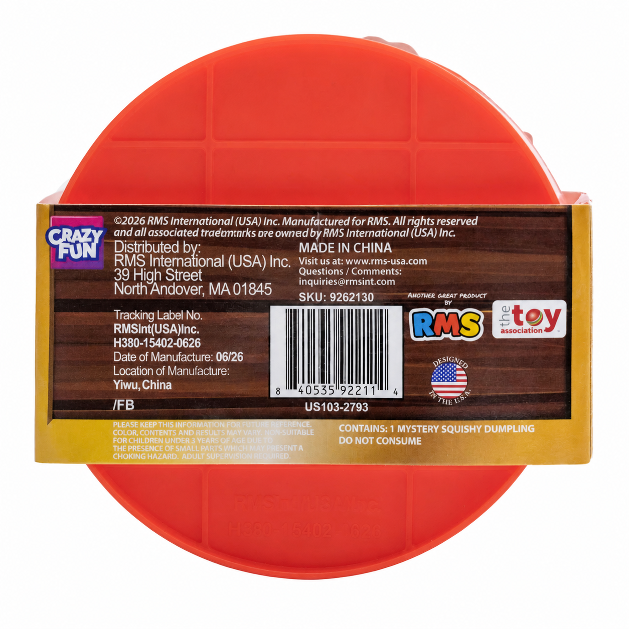 Back of RMS Crazy Fun Squishy Bun Treasure Edition Mystery Dumpling blind box with product information and barcode