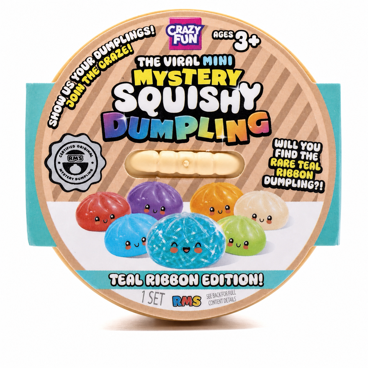 RMS Crazy Fun The Viral Mini Mystery Squishy Dumpling in the Teal Ribbon Edition, shown in its circular cardboard packaging with a clear window revealing a small beige squishy dumpling inside.