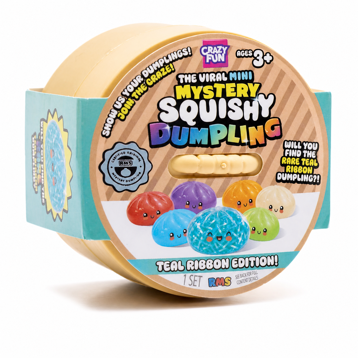Crazy Fun The Viral Mini Mystery Squishy Dumpling Teal Ribbon Edition toy set in its original cardboard packaging, featuring colorful mini dumpylings and a teal ribbon.