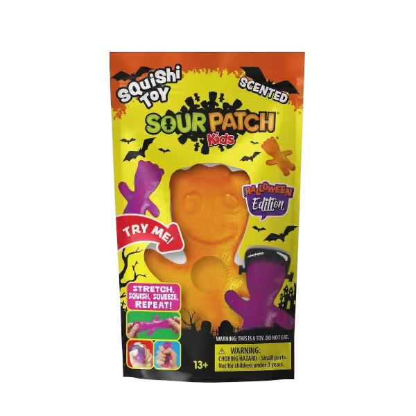 Close-up of SOUR PATCH KIDS Halloween Edition scented squishy fidget toy with translucent jelly-like texture