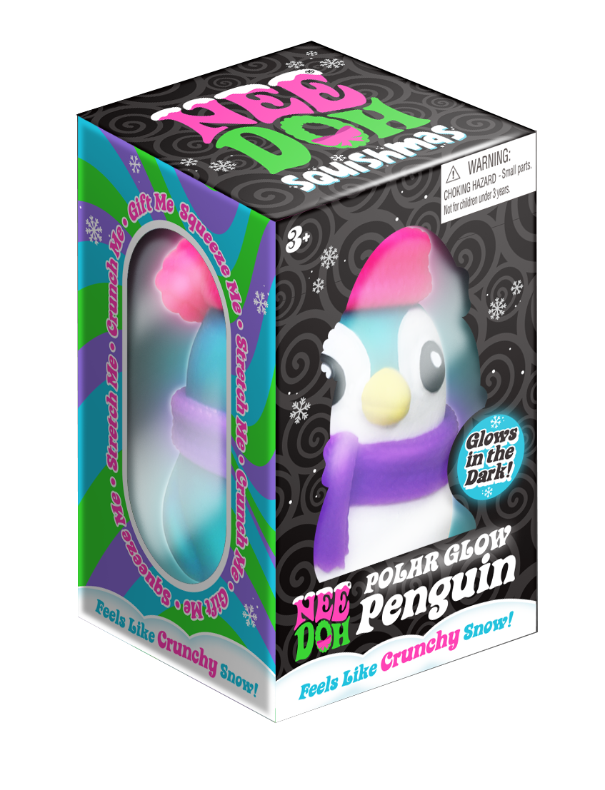 “Schylling NeeDoh Polar Glow Penguin glow-in-the-dark sensory squeeze toy with scarf and hat.”
