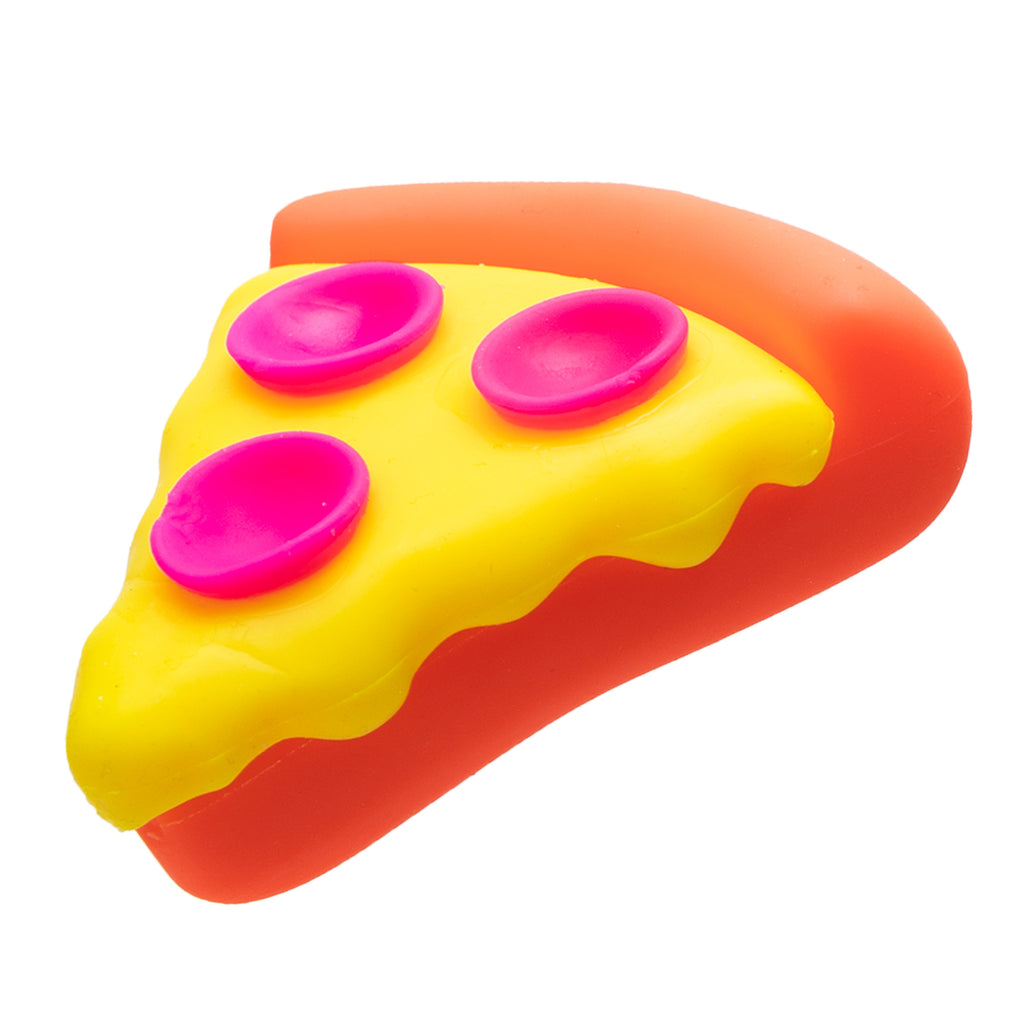 Close-up of NeeDoh Squeezza Pizza dough-filled squishy with tactile pepperoni pieces and peelable cheese detail