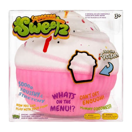 Pastel squeezy cupcake fidget toy on a white background