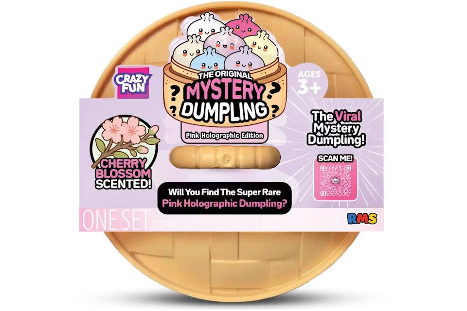 Pink holographic mystery dumpling squishy toy in packaging with cherry blossom scent.