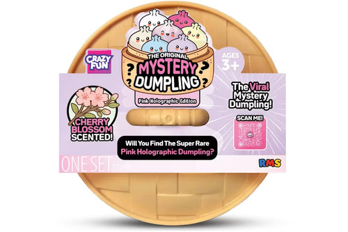 Pink holographic mystery dumpling squishy toy in packaging with cherry blossom scent.