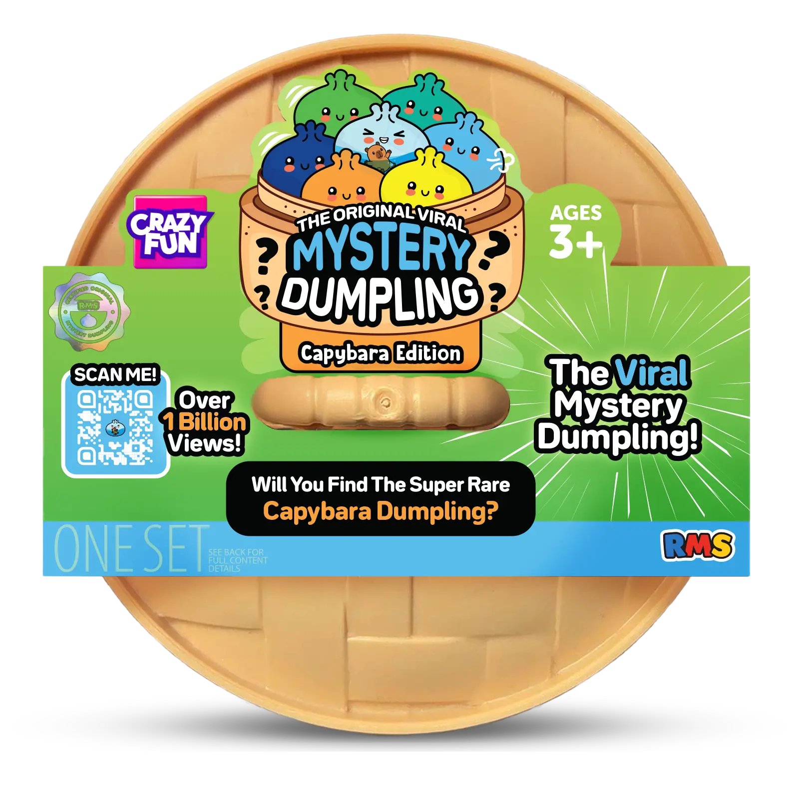 The Original Viral Mystery Dumpling Capybara Edition by RMS and Crazy Fun, featuring a round beige plastic container with a colorful green and blue label, shown on a white background.