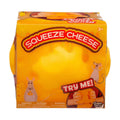 Squeeze Cheese toy in its original retail packaging by Cleo Zone, featuring a bright yellow squeeze element and a colorful box with cartoon cheese mice and a 'TRY ME!' callout.