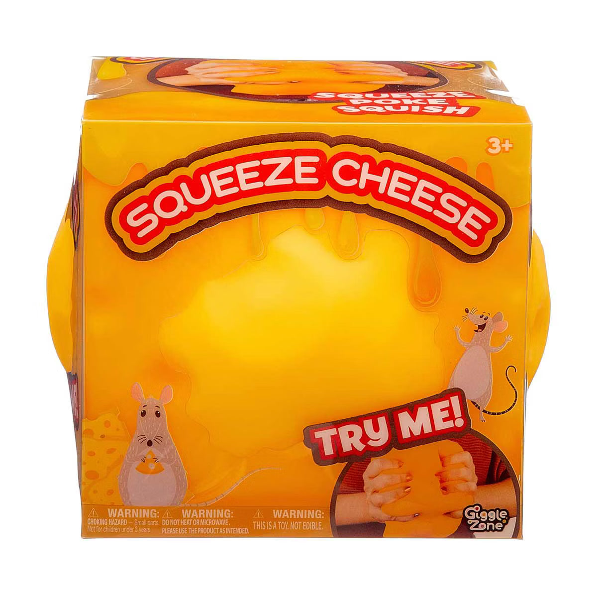 Squeeze Cheese toy in its original retail packaging by Cleo Zone, featuring a bright yellow squeeze element and a colorful box with cartoon cheese mice and a 'TRY ME!' callout.