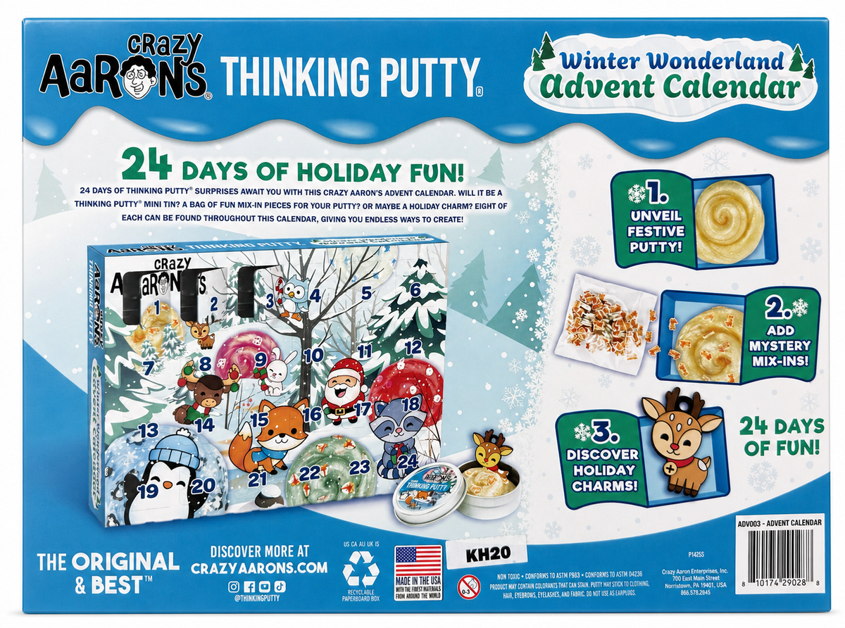 Back of Crazy Aaron’s Thinking Putty Winter Wonderland Advent Calendar showing 24 days of putty, holiday mix-ins, and charm surprises