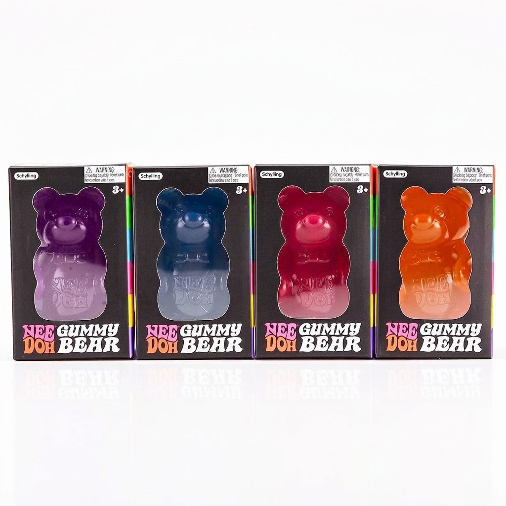 full set of four schylling needoh gummy bear squishy fidget toys in blue orange pink and purple colors on a white background