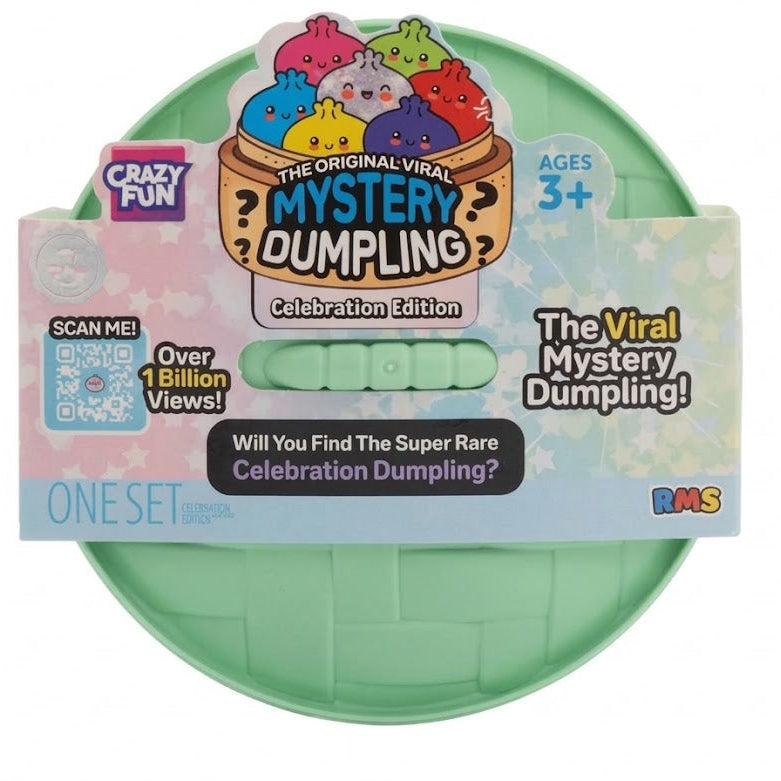 The Original Viral Mystery Dumpling Celebration Edition by Crazy Fun, packaged in a round green plastic container with a colorful cardboard insert card.