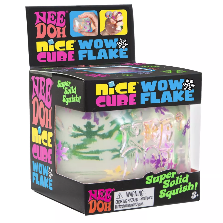 Nee Doh Nice Wow Cube Flake toy in its original retail packaging, featuring a clear plastic window box with a black base and colorful neon text.